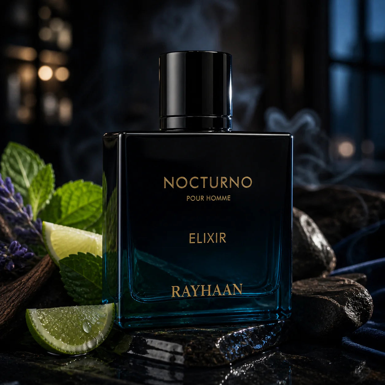Rayhaan Nocturno Elixir Eau de Parfum 100 ml bottle – warm spicy woody fragrance with cardamom, incense, vanilla, amber, and musky patchouli base
