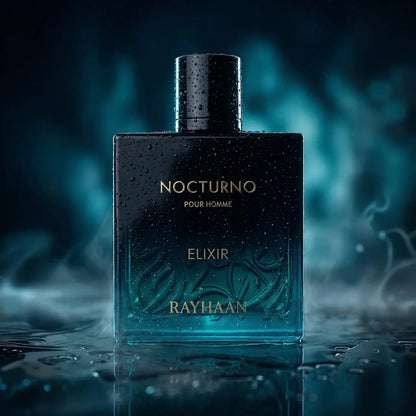 Rayhaan Nocturno Elixir Eau de Parfum 100 ml bottle – warm spicy woody fragrance with cardamom, incense, vanilla, amber, and musky patchouli base