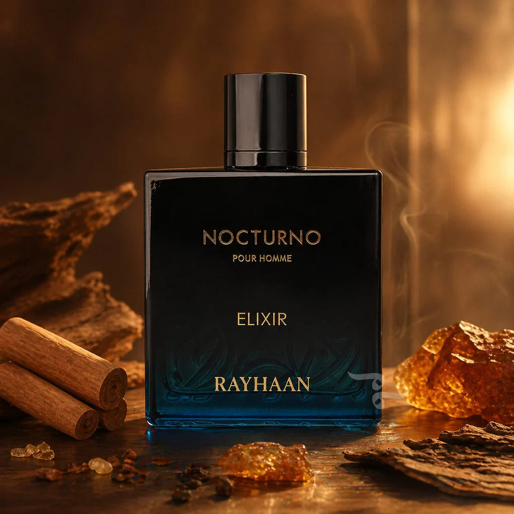 Rayhaan Nocturno Elixir Eau de Parfum 100 ml bottle – warm spicy woody fragrance with cardamom, incense, vanilla, amber, and musky patchouli base