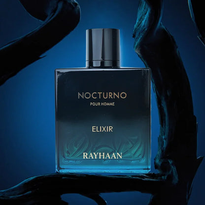 Rayhaan Nocturno Elixir Eau de Parfum 100 ml bottle – warm spicy woody fragrance with cardamom, incense, vanilla, amber, and musky patchouli base