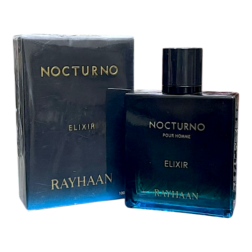 Rayhaan Nocturno Elixir Eau de Parfum 100 ml bottle – warm spicy woody fragrance with cardamom, incense, vanilla, amber, and musky patchouli base
