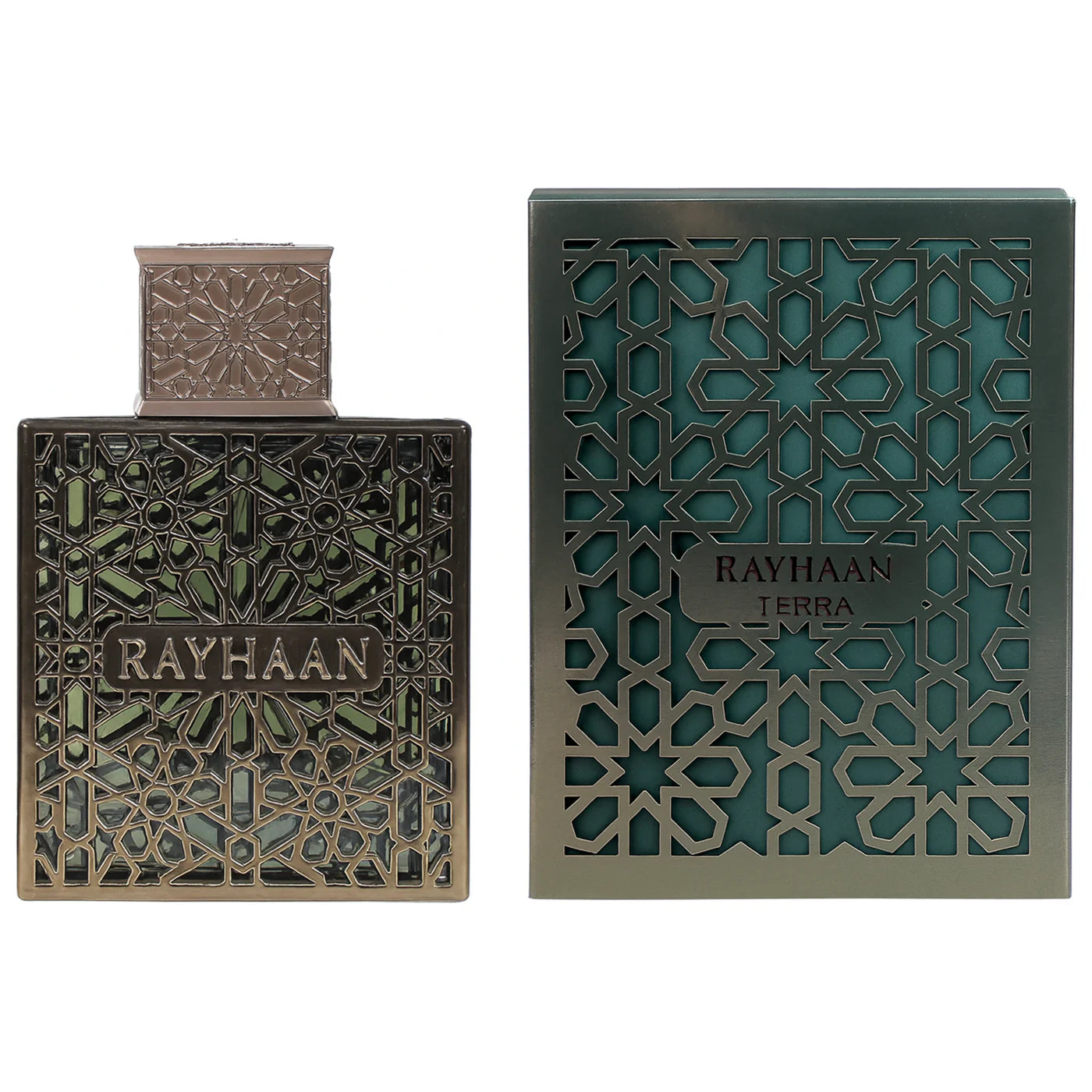 Rayhaan Terra Eau de Parfum 100 ml (3.4 oz) bottle – earthy fresh green with deep vetiver and smooth woody musk base.