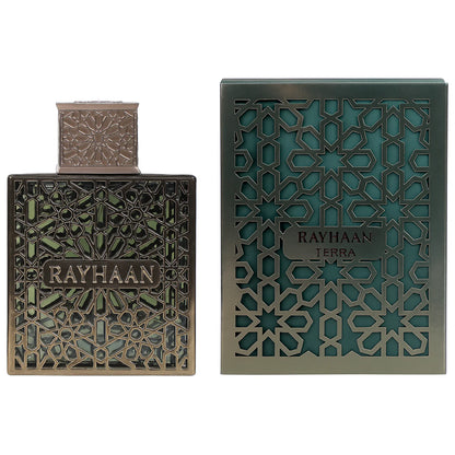 Rayhaan Terra Eau de Parfum 100 ml (3.4 oz) bottle – earthy fresh green with deep vetiver and smooth woody musk base.