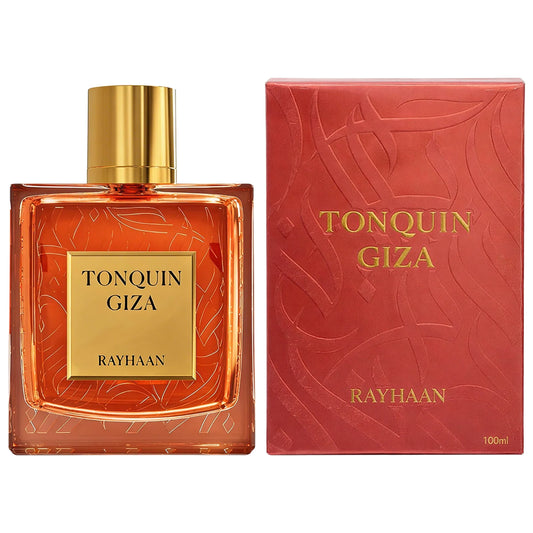 Rayhaan Tonquin Giza Eau de Parfum 100 ml bottle – rich amber fragrance with animalic musk and deep woody base