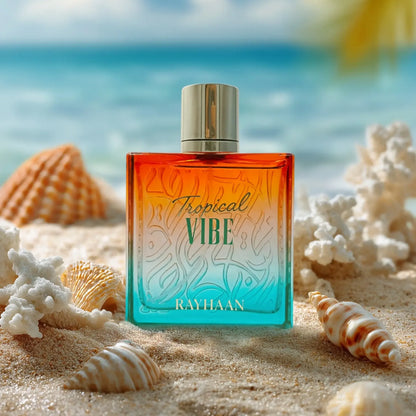 Rayhaan Tropical Vibe Eau de Parfum 100 ml bottle – tropical mango pineapple fragrance with coconut and fresh woods.