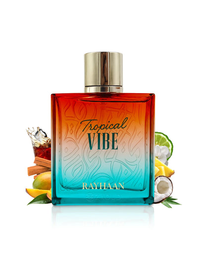 Rayhaan Tropical Vibe Eau de Parfum 100 ml bottle – tropical mango pineapple fragrance with coconut and fresh woods.