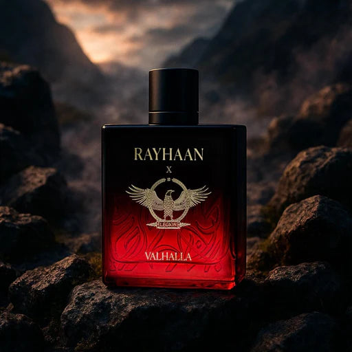 Rayhaan Valhalla Eau de Parfum 100 ml bottle – fresh citrus opening with woody aromatic heart and amber musk base.