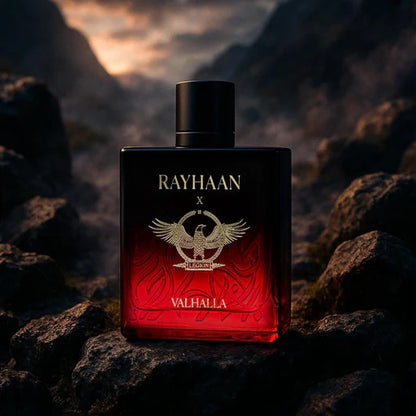 Rayhaan Valhalla Eau de Parfum 100 ml bottle – fresh citrus opening with woody aromatic heart and amber musk base.