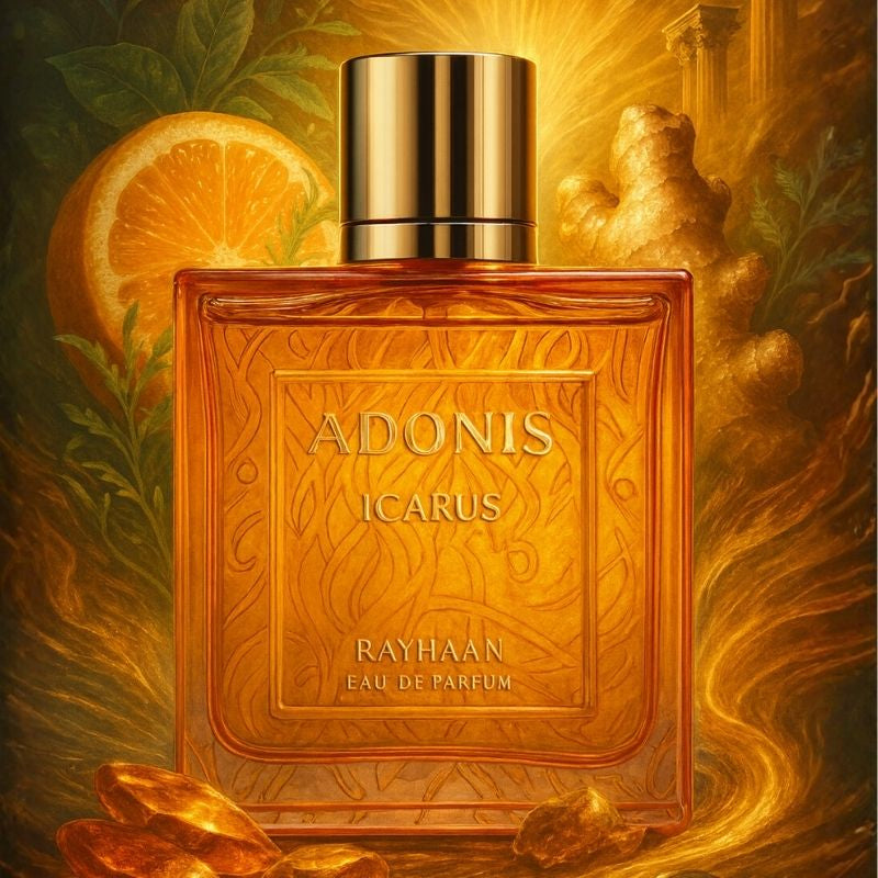 Rayhaan Adonis Icarus Eau de Parfum 100 ml bottle – fresh citrus aromatic fragrance with woody musk base.