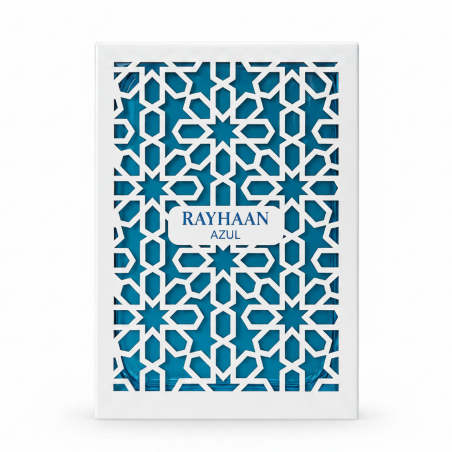 Product packaging with blue geometric pattern and 'RAYHAAN AZÓL' text on a white background