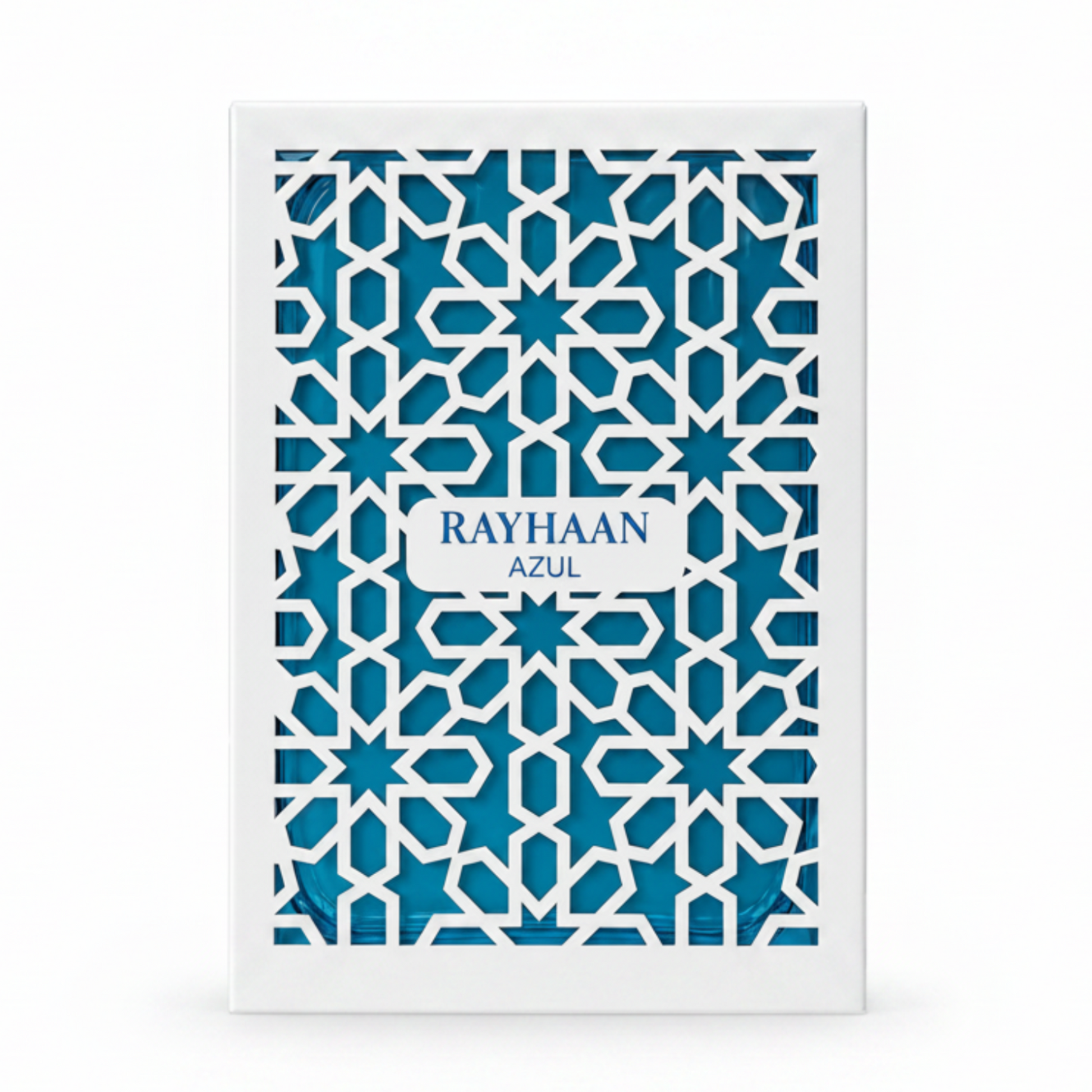 Product packaging with blue geometric pattern and 'RAYHAAN AZÓL' text on a white background