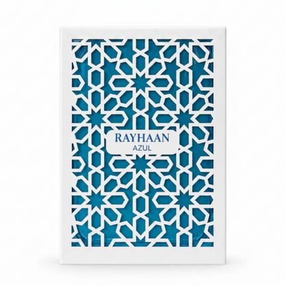Product packaging with blue geometric pattern and 'RAYHAAN AZÓL' text on a white background