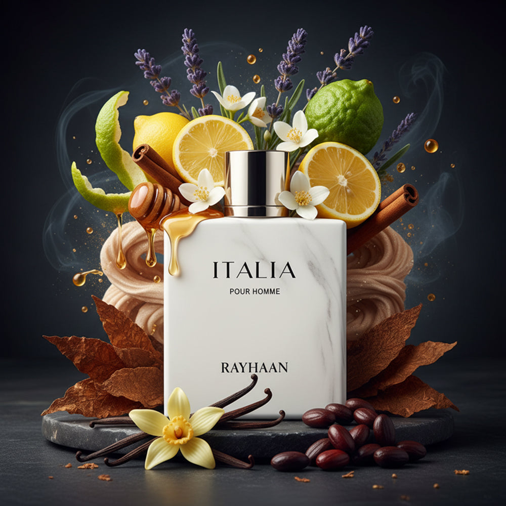 Rayhaan Italia 100 ml bottle – citrus aromatic fragrance with clean woody musk base.