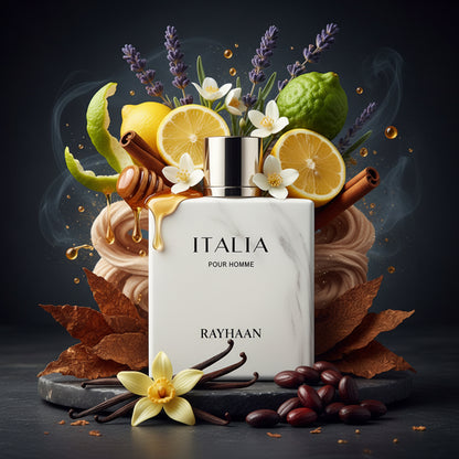 Rayhaan Italia 100 ml bottle – citrus aromatic fragrance with clean woody musk base.