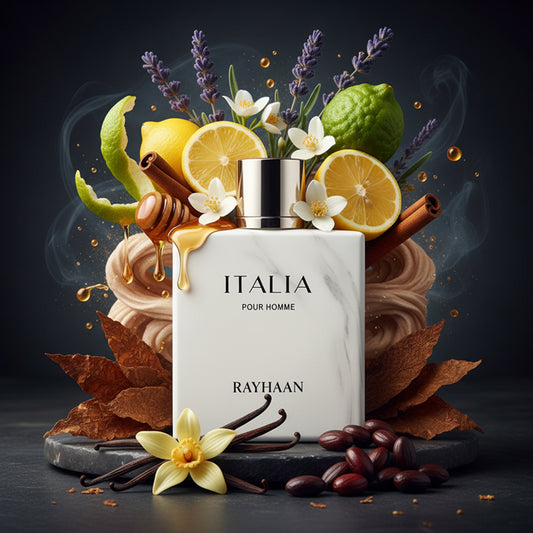Rayhaan Italia 100 ml bottle – citrus aromatic fragrance with clean woody musk base.