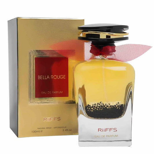 Riiffs Bella Rouge 100 ml bottle – saffron floral top with warm amber and soft musk base.