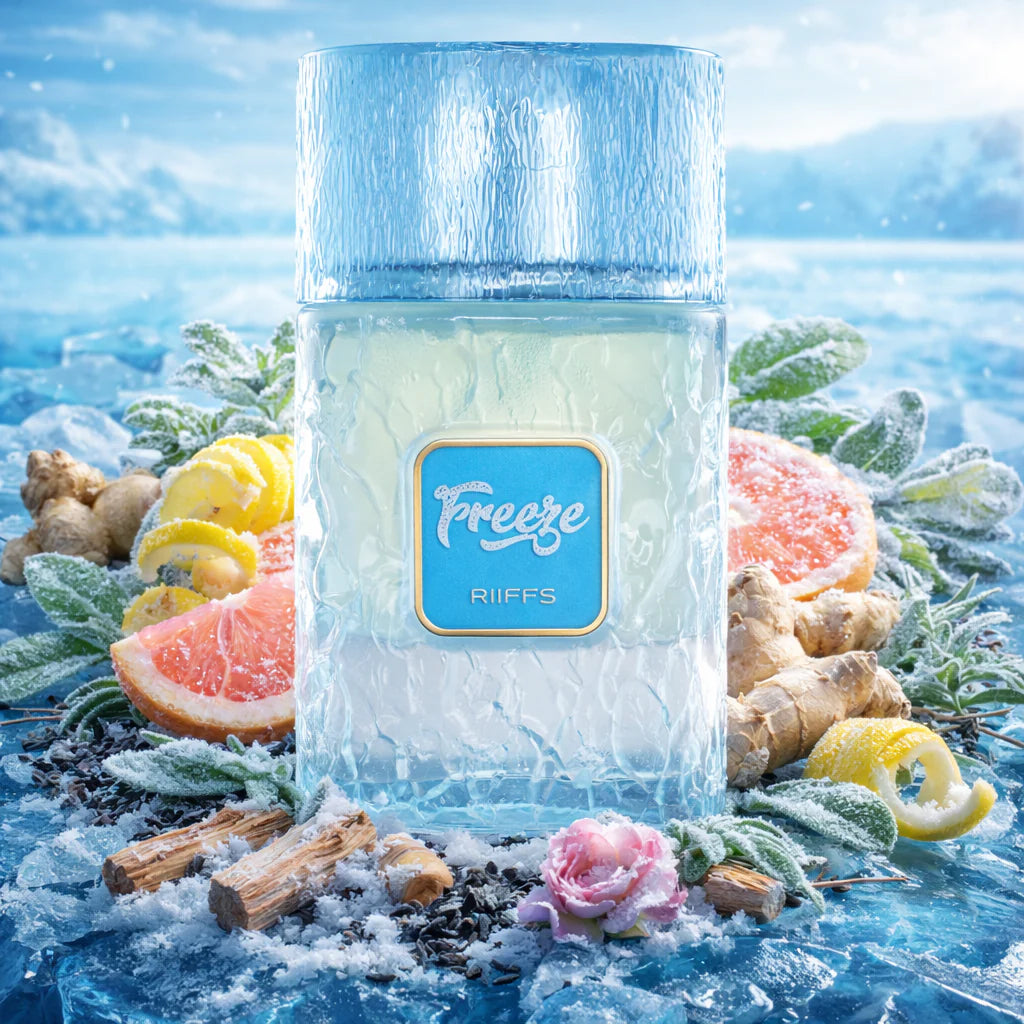 Riiffs Freeze Eau de Parfum 100 ml bottle – fresh citrus aromatic fragrance with mint, lavender, woods, and musky base