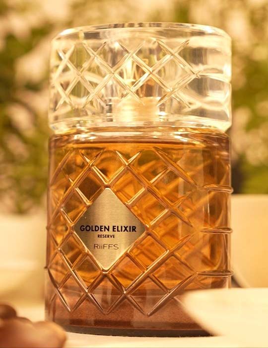 Riiffs Golden Elixir 100 ml bottle – sweet saffron floral fragrance with warm amber vanilla base.