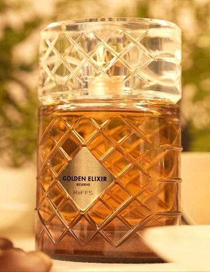 Riiffs Golden Elixir 100 ml bottle – sweet saffron floral fragrance with warm amber vanilla base.