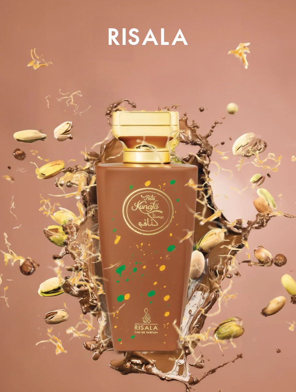 Risala Pista Kunafa 100 ml bottle – pistachio dessert-inspired gourmand fragrance with vanilla, pastry, and amber.