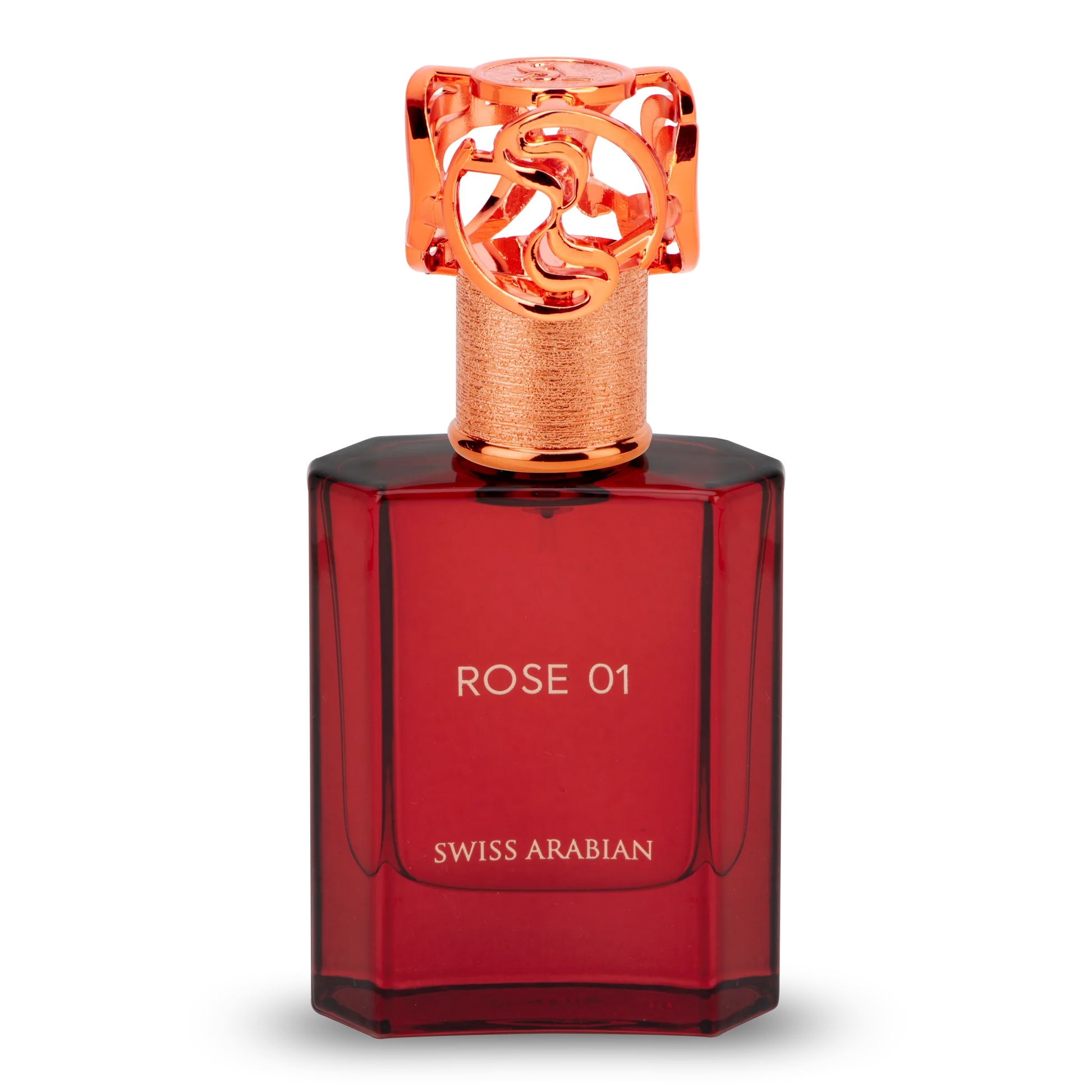 Red perfume bottle with gold cap labeled 'Rose 01' by Swiss Arabian on a white background