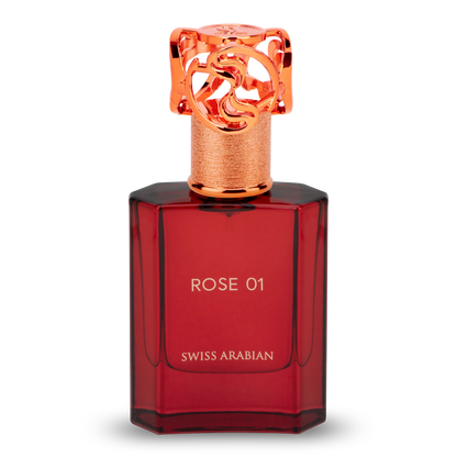 Red perfume bottle with gold cap labeled 'Rose 01' by Swiss Arabian on a white background