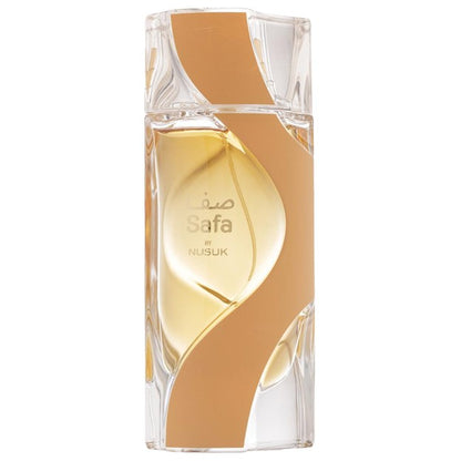 A bottle of Safa Eau de Parfum by Khourouche, featuring a clear glass bottle with a warm beige and gold wavy design on a white background.