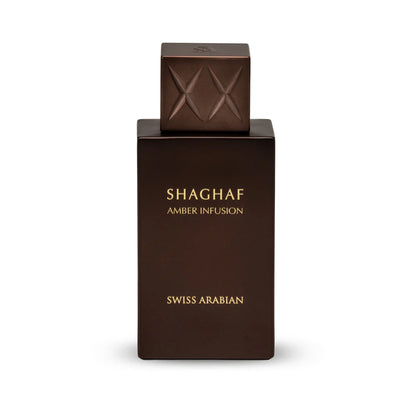 Swiss Arabian Shaghaf Amber Infusion Extrait de Parfum 75 ml bottle – spicy amber opening with creamy vanilla heart and deep resinous woody base