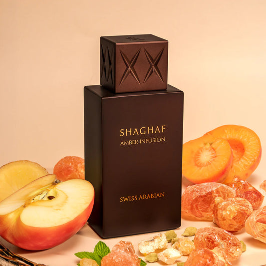 Swiss Arabian Shaghaf Amber Infusion Extrait de Parfum 75 ml bottle – spicy amber opening with creamy vanilla heart and deep resinous woody base