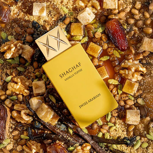 Swiss Arabian Shaghaf Vanilla Toffee Eau de Parfum 75 ml bottle – buttery toffee and coffee opening with creamy vanilla and brown sugar base