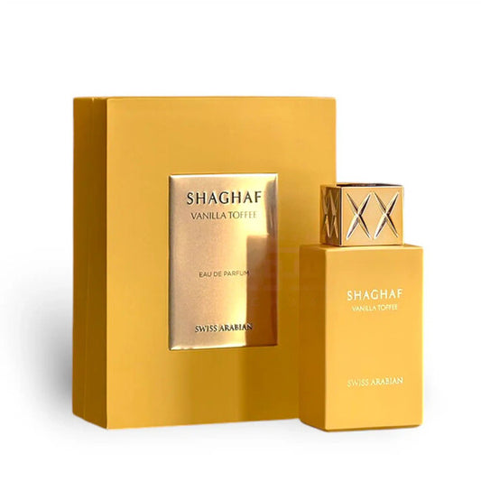 Swiss Arabian Shaghaf Vanilla Toffee Eau de Parfum 75 ml bottle – buttery toffee and coffee opening with creamy vanilla and brown sugar base