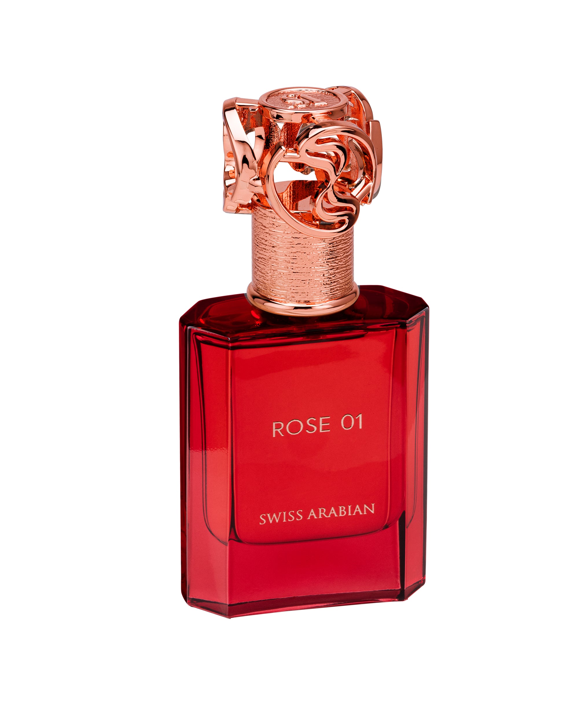 Swiss Arabian Rose 01 Eau de Parfum 50 ml bottle – fruity lychee opening with Bulgarian rose heart and vanilla musk base