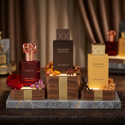Swiss Arabian Shaghaf Collection bundle set featuring Vanilla Toffee, Amber Infusion, and Rose 01 fragrances