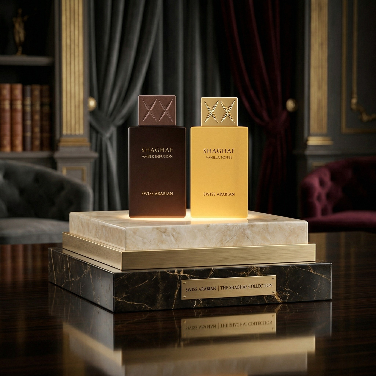 Swiss Arabian Shaghaf bundle set with Vanilla Toffee and Amber Infusion fragrances – gourmand and amber perfume duo