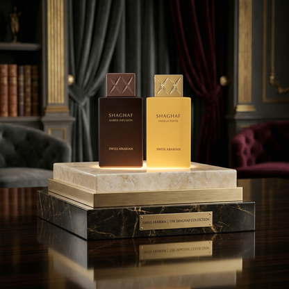 Swiss Arabian Shaghaf bundle set with Vanilla Toffee and Amber Infusion fragrances – gourmand and amber perfume duo