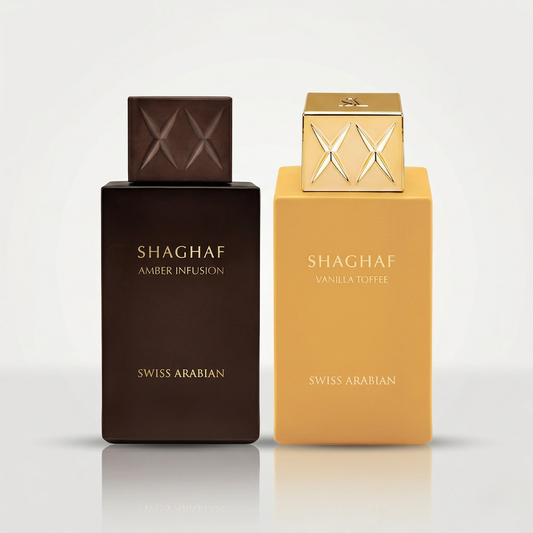 Swiss Arabian Shaghaf bundle set with Vanilla Toffee and Amber Infusion fragrances – gourmand and amber perfume duo
