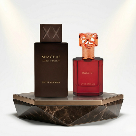 Swiss Arabian Shaghaf bundle with Amber Infusion and Rose 01 fragrances – amber and floral perfume duo