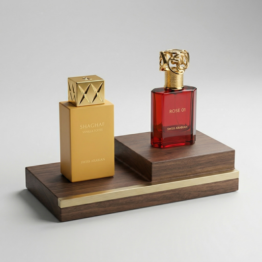 Swiss Arabian bundle with Shaghaf Vanilla Toffee and Rose 01 fragrances – gourmand and floral perfume duo