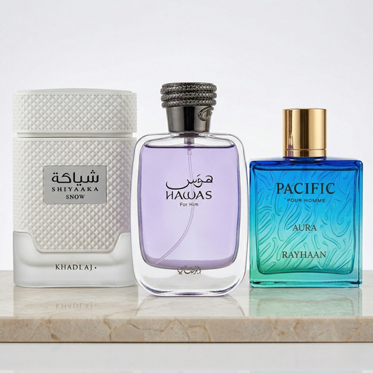 Hawas, Shiyaaka Snow & Pacific Aura Bundle 3-piece fragrance set – fresh aquatic citrus men’s cologne trio