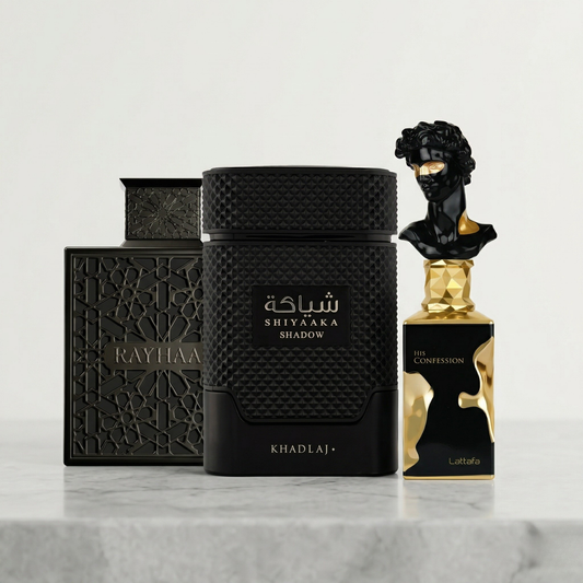 Rayhaan Obsidian, Shiyaaka Shadow, and Lattafa His Confession perfume bundle – fresh citrus woody musky fragrance trio for men