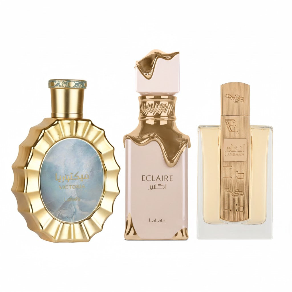 Women's Signature Bundle – three full-size perfumes including Victoria, Éclair, and Angham for a sweet elegant fragrance set.