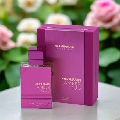 Al Haramain Amber Oud Ultra Violet Eau de Parfum 100 ml bottle – floral fragrance with rose, tuberose, jasmine, and musky woody base
