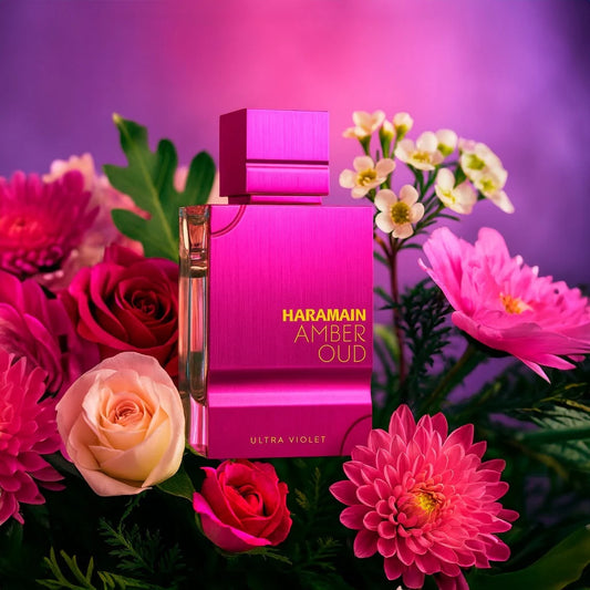 Al Haramain Amber Oud Ultra Violet Eau de Parfum 100 ml bottle – floral fragrance with rose, tuberose, jasmine, and musky woody base