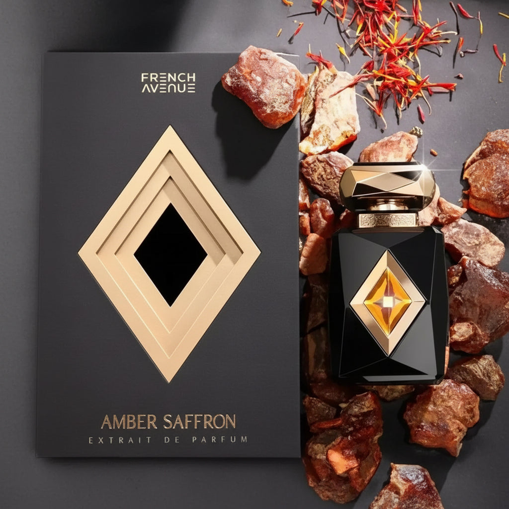 Perfume bottle with decorative packaging on a dark background