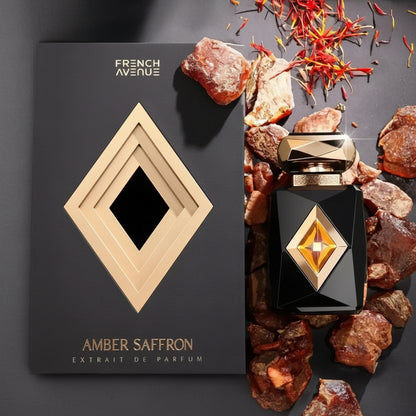 Perfume bottle with decorative packaging on a dark background