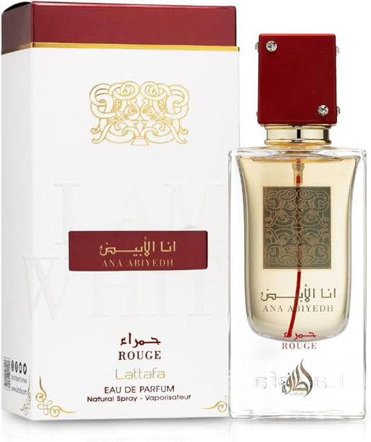 Lattafa Ana Abiyedh Rouge Eau de Parfum 60 ml bottle – saffron floral fragrance with sweet amber and clean musky woody base