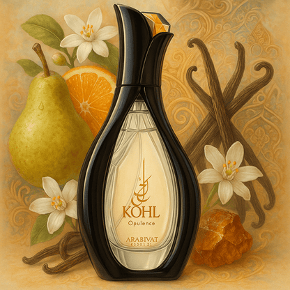 Arabiyat Prestige Kohl Opulence Eau de Parfum 100 ml bottle – fruity floral amber fragrance with pear, jasmine, vanilla, and musky amber base