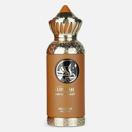 Brown perfume bottle with decorative cap on a white background