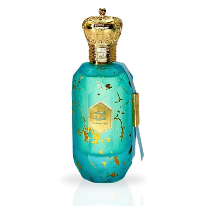 Turquoise perfume bottle with gold accents on a white background