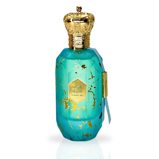 Turquoise perfume bottle with gold accents on a white background